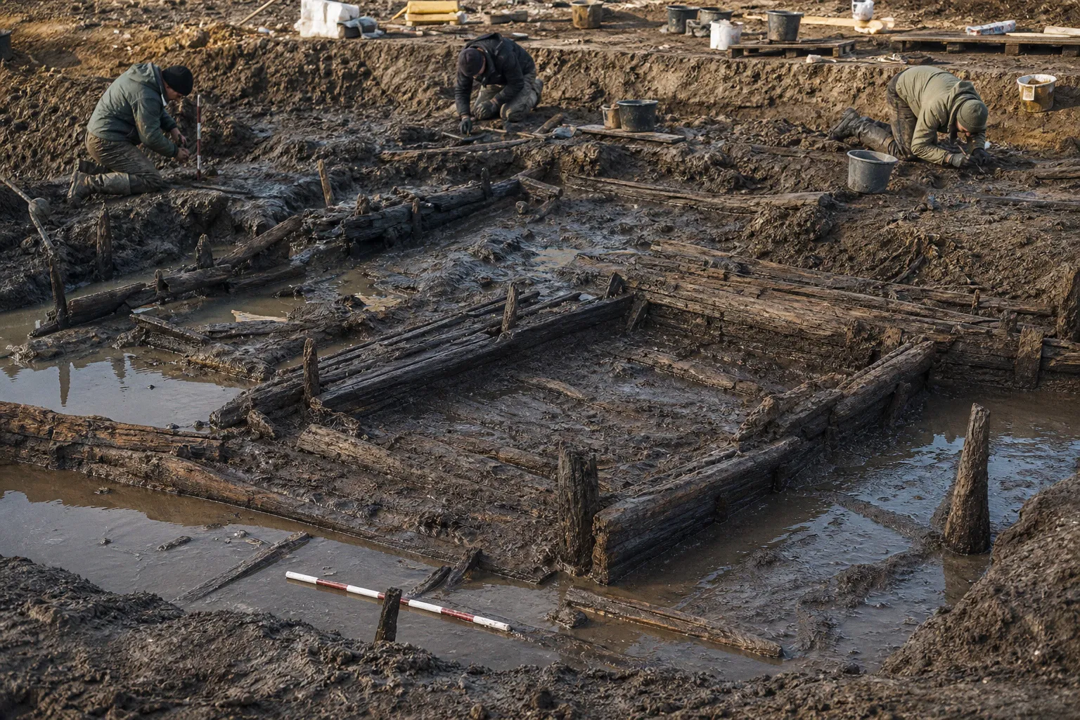 Mittelalterliche Holzgebäude bei Ausgrabung in versunkenem Dorf entdeckt